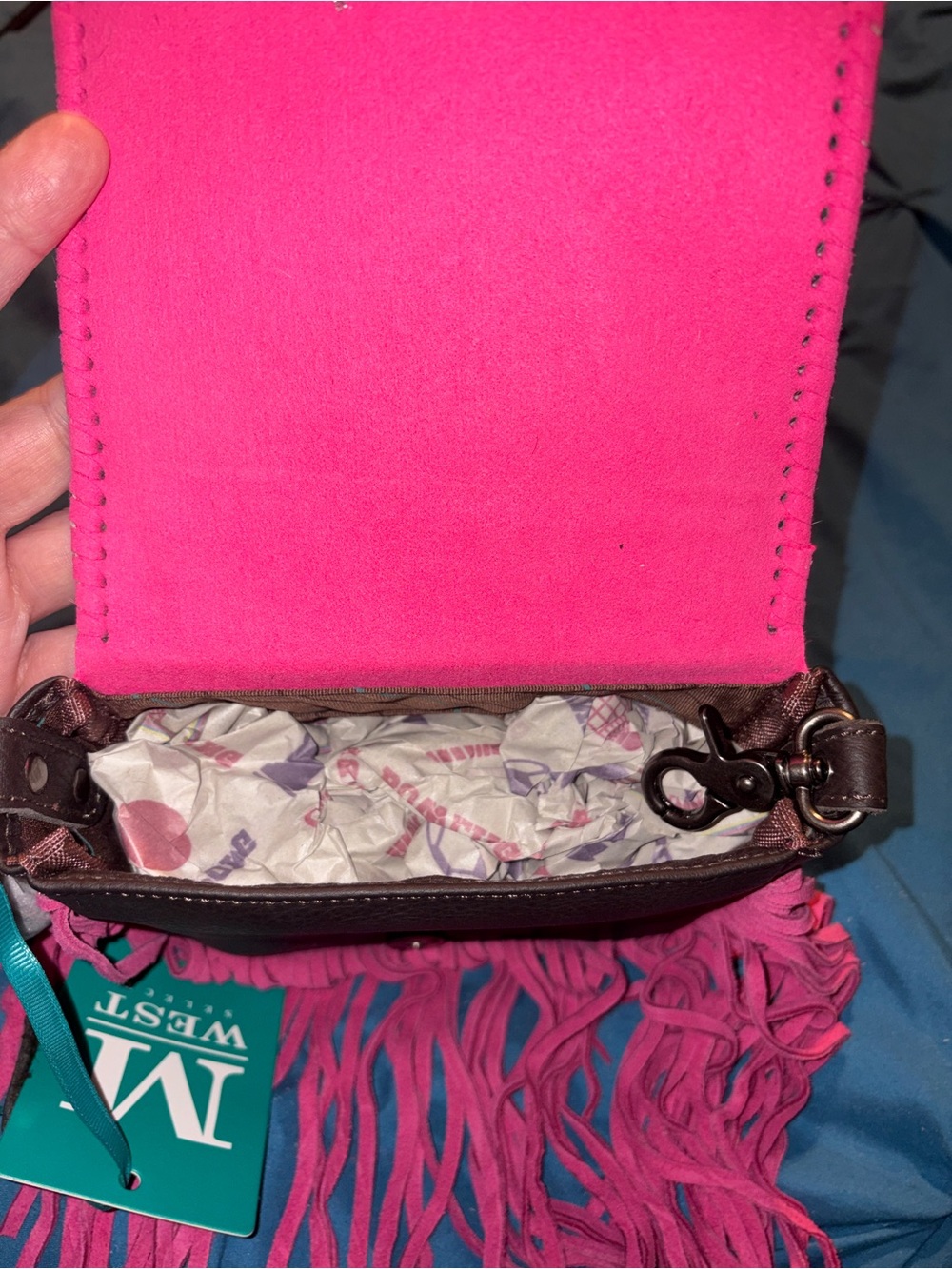 Montana West Fringe Crossbody Bag with Cowhide Panel and hot pink fringe - Picture 5 of 5